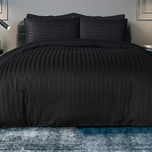 Sleepdown Weiches Bettwäsche-Set in Hotelqualität,Fadenzahl 225,Polyester-Baumwoll-Satin,gestreift,wendbar,mit Kissenbezügen,pflegeleicht,Doppelbett (200 x 200 cm), Schwarz, 5056557512102 von Sleepdown