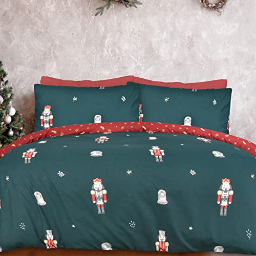 Sleepdown Weihnachts-Bettwäsche-Set mit Nussknacker, Grünwein, wendbar, Kissenbezügen, weiche, Pflegeleichte Bettwäsche – Doppelbett (200 cm x 200 cm), 5056557512638 von Sleepdown