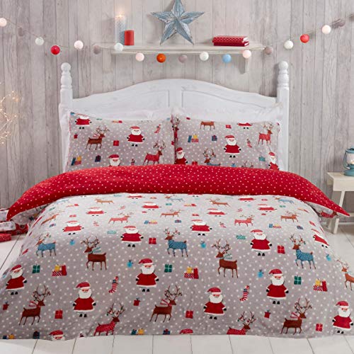 Sleepdown Weihnachts-Fleece, warm, gemütlich, superweich, pflegeleicht, Rentier präsentiert Weihnachtssterne, wendbar, Mini-Polka-Punkte, Bettbezug, Steppbettwäsche-Set mit Kissenbezug, Einzelbett (135 cm x 200 cm), Rotgrau von Sleepdown