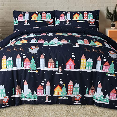 Sleepdown Weihnachtsmann-Stadt-Bettwäsche-Set mit Kissenbezügen, weiche, Pflegeleichte Bettwäsche – Super-Kingsize-Bett (260 x 200 cm) von Sleepdown