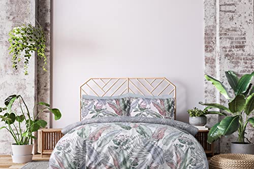 Sleepdown Bettwäsche-Set, 100% Reine Baumwolle, Blattmuster, Verschiedene Tropen, Grau, wendbar, weich, pflegeleicht – Einzelbett (135 x 200 cm) von Sleepdown