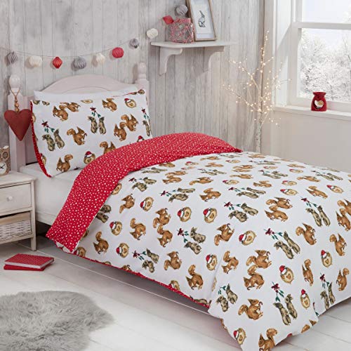 Sleepdown Wende-Bettwäsche-Set für Kinder, Motiv: Waldtiere mit weihnachtlichen Punkten, wendbar, mit Kissenbezug, Einzelbett (135 x 200 cm), Polycotton, weiß/rot von Sleepdown