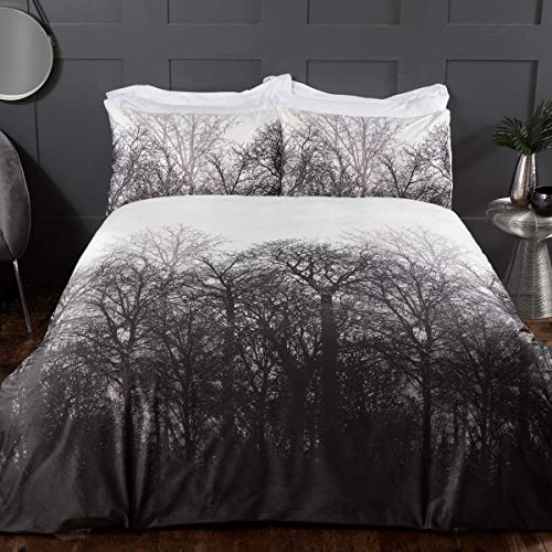 Sleepdown Winterwald Bäume Serene Szene Gedruckt Weich Warm Gemütlich Samt Weiß Anthrazit Bettbezug Steppdecke Bettwäsche-Set mit Kissenbezug Einzelbett (135 cm x 200 cm) Polyester von Sleepdown