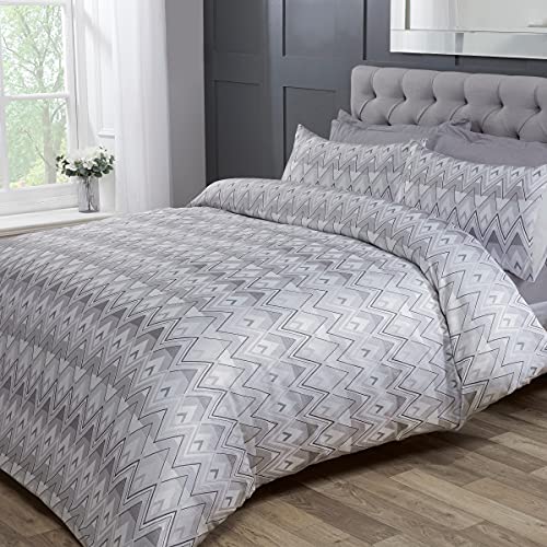 Sleepdown Zickzack-Muster, Jacquard, geometrische Streifen, Hellgrau/Weiß, Luxus-Bettbezug-Set mit Kissenbezügen, Doppelbett (200 x 200 cm), Polyester und Baumwolle von Sleepdown