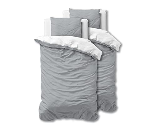 ‎Sleeptime 100% Baumwolle Bettwäsche 135cm x 200cm 4teilig Weiß/Grau - weich & bügelfrei Bettbezüge mit Reißverschluss - zweifarbiges Bettwäsche Set mit 2 Kissenbezüge 80cm x 80cm von Sleeptime