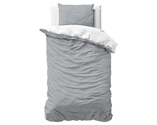 Sleeptime 100% Baumwolle Bettwäsche 140cm x 220cm Weiß/Grau - weich & bügelfrei Bettbezüge mit Druckknöpfe - Bettwäsche Set mit 1 Kissenbezüge 60cm x 70cm von Sleeptime