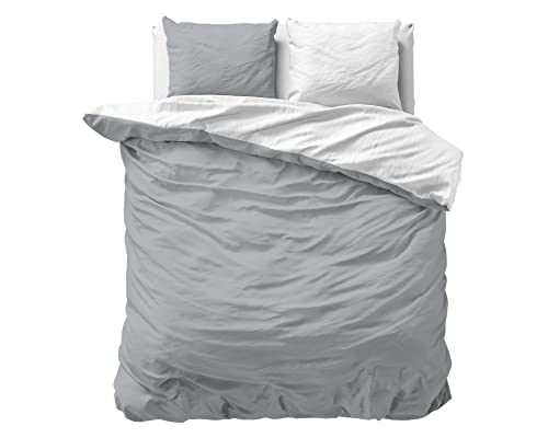 Sleeptime 100% Baumwolle Bettwäsche 200cm x 220cm Weiß/Grau - weich & bügelfrei Bettbezüge mit Druckknöpfe - zweifarbiges Bettwäsche Set mit 2 Kissenbezüge 60cm x 70cm von Sleeptime