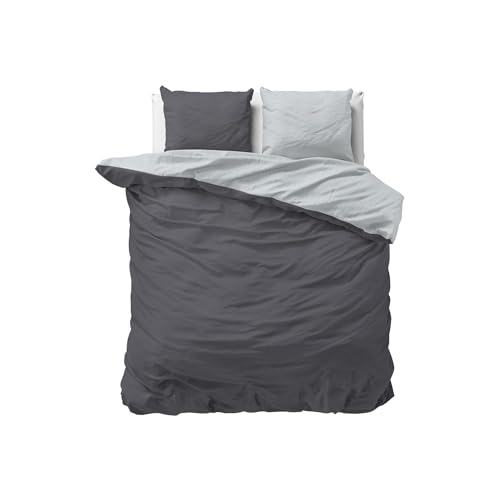 Sleeptime 100% Baumwolle Bettwäsche 200cm x 220cm Grau/Anthrazit - weich & bügelfrei Bettbezüge mit Druckknöpfe - zweifarbiges Bettwäsche Set mit 2 Kissenbezüge 60cm x 70cm von Sleeptime