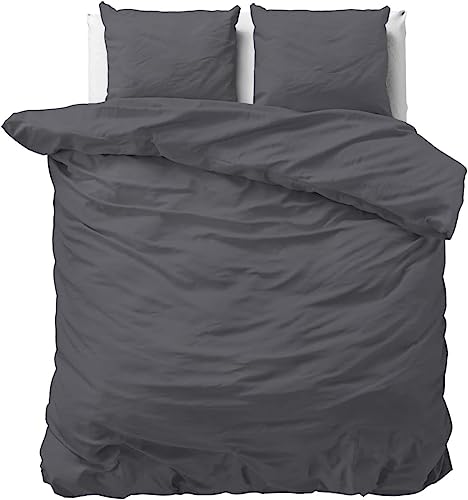 Sleeptime 100% Baumwolle Bettwäsche 240cm x 220cm Anthrazit - weich & bügelfrei Bettbezüge mit Druckknöpfe - Einfarbig Bettwäsche Set mit 2 Kissenbezüge 60cm x 70cm von Sleeptime