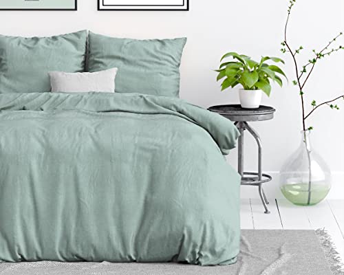 Sleeptime 100% Baumwolle Bettwäsche - Stone Washed - 135 x 200cm - Grün - Atmungsaktiv und hautfreundlich Bettbezüge mit Reißverschluss - Bettwäsche Set mit 1 Kissenbezüge 80cm x 80cm von Sleeptime