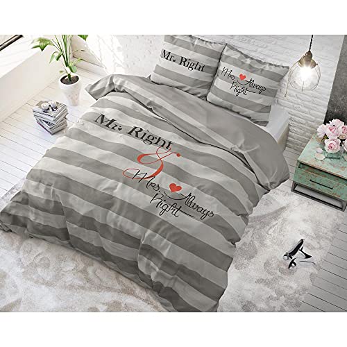 Sleeptime Bettwäsche 100% Baumwolle, Mr and Mrs Always, 240cm x 220cm, Mit 2 Kissenbezüge 60cm x 70cm, Grau von Sleeptime