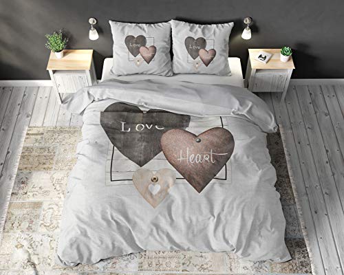 Sleeptime Bettwäsche 100% Baumwolle Liebesherzen, 200 x 200cm, + 80 x 80cm, Grau von Sleeptime