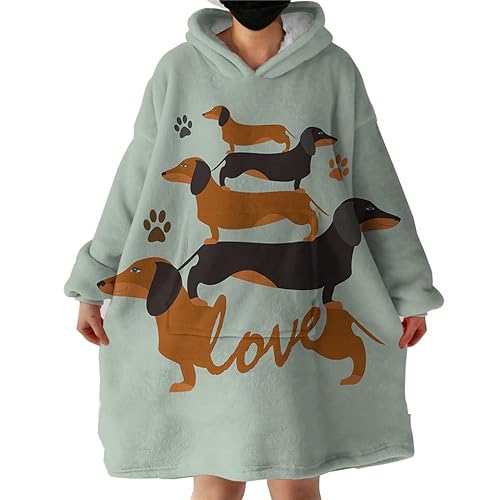 Sleepwish Kinder Dackel Decke Hoodie, Grün Tier Sherpa Fleece Tragbare Decke für Kinder Teenager, Hund Print Flauschig Riesen Kapuzen-Sweatshirt (Erwachsene 160 x 99 cm) von Sleepwish