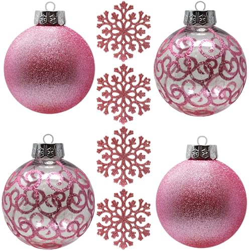 Große rosa Kugelornamente für Weihnachtsdekorationen im Landhausstil – extra große bruchfeste Kunststoffkugeln und Schneeflocken (120 mm), 8er-Set von Sleetly