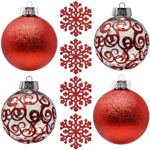 Große rote Kugelornamente für Weihnachtsdekorationen im Landhausstil – extra große bruchfeste Kunststoffkugeln und Schneeflocken (120 mm), 8er-Set von Sleetly