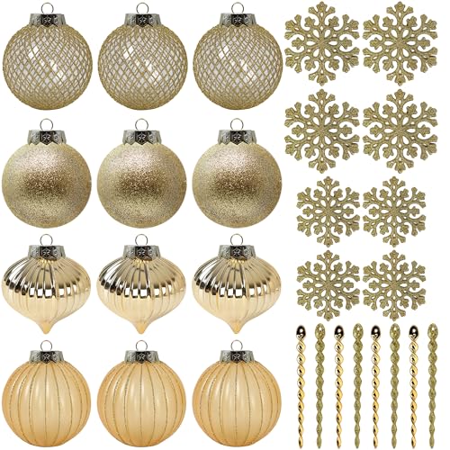 SLEETLY 28pk Bauble Gold Ornaments for Christmas Tree Holiday Xmas Decorations, Shatterproof Plastic 3.15 Baubles, Icicles and Snowflakes SLEETLY 28pk Bauble Gold Ornaments for Christmas Tree Holiday Xmas Decorations, Shatterproof Plastic 3.15 Baubles, Icicles and Snowflakes von Sleetly