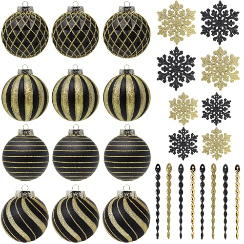 SLEETLY 28pk Black Gold Christmas Baubles for Tree Decorations - Holiday Xmas Shatterproof Plastic Ball Ornaments, Icicles and Snowflakes Set SLEETLY 28pk Black Gold Christmas Baubles for Tree Decorations - Holiday Xmas Shatterproof Plastic Ball Ornaments, Icicles and Snowflakes Set von Sleetly