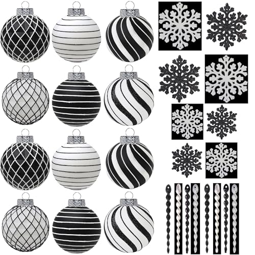 SLEETLY 28pk Black and White Christmas Baubles for Tree Decorations - Holiday Xmas Shatterproof Plastic Ball Ornaments, Icicles and Snowflakes Set SLEETLY 28pk Black and White Christmas Baubles for Tree Decorations - Holiday Xmas Shatterproof Plastic Ball Ornaments, Icicles and Snowflakes Set von Sleetly