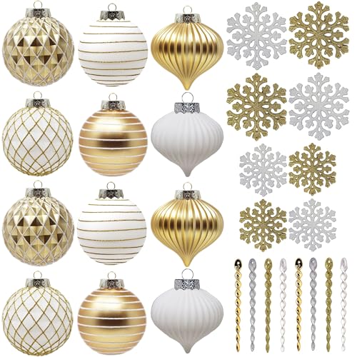 SLEETLY 28pk White Gold Christmas Baubles for Tree Decorations - Holiday Xmas Shatterproof Plastic Ball Ornaments, Icicles and Snowflakes Set SLEETLY 28pk White Gold Christmas Baubles for Tree Decorations - Holiday Xmas Shatterproof Plastic Ball Ornaments, Icicles and Snowflakes Set von Sleetly