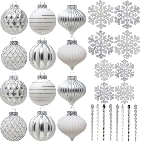 SLEETLY 28pk White Silver Christmas Baubles for Tree Decorations - Holiday Xmas Shatterproof Plastic Ball Ornaments, Icicles and Snowflakes Set SLEETLY 28pk White Silver Christmas Baubles for Tree Decorations - Holiday Xmas Shatterproof Plastic Ball Ornaments, Icicles and Snowflakes Set von Sleetly