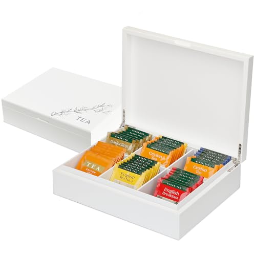 Slege Teebox aus Holz mit 6 Fächern,Handgemachte Weiße Tee Aufbewahrung,Teebeutelhalter im versiegelten Design,Teeboxen für Teebeutel,Tee Aufbewahrungsbox,KaffeeBox,Teedose,Teebeutel Organizer von Slege