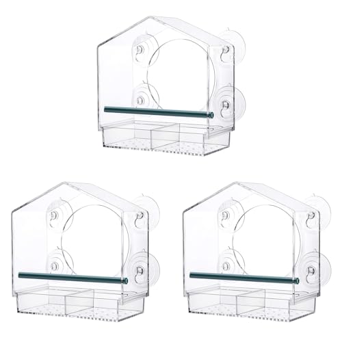 Slicooken 3X -Vogelfutterspender mit Starken Saugn?pfen, Transparenter Vogelfutterspender f¡§1r Drau?en, Vogelhaus mit Herausnehmbarem Tablett mit 2 F?Chern von Slicooken