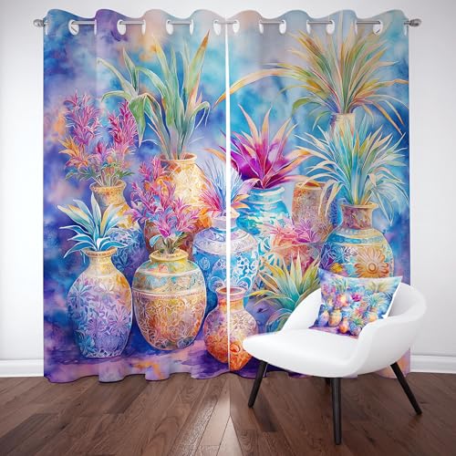 Blätter Pflanzen Verdunklungsvorhang ösen,Boho Ethnisch Floral Gardinen Blickdicht 2er Set, Blumen Vase Aquarell Schlafzimmer vorhange, kinderzimmer Wohnzimmer 2er Set,210x132 von Slojtdd