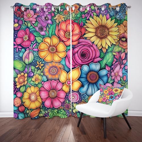 Boho Bunt Floral Thermovorhang kälteschutz mit ösen, Blätter Blumen Gardinen Schlafzimmer Blickdicht verdunklungsvorhang 2er Set, Exotisch Ethnisch Rustikal Vorhang 220x140, für kinderzimmer von Slojtdd