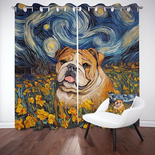 Slojtdd Englische Bulldogge Verdunklungsvorhang ösen,Niedlich Welpen Gardinen Blickdicht 2er Set, Sternenhimmel Ölgemälde Schlafzimmer vorhange, kinderzimmer Wohnzimmer 2er Set,210x132 von Slojtdd