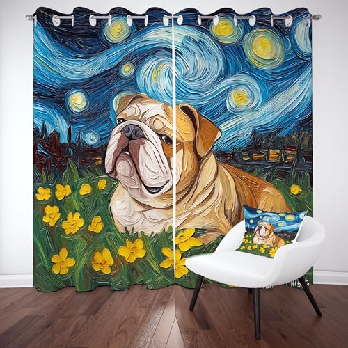 Slojtdd Englische Bulldogge Vorhang mit ösen 137x117 thermovorhang, Haustier Welpe Gardinen Wohnzimmer Blickdicht 2er Set, Sternenhimmel Ölgemälde Vorhange verdunkelung kälteschutz, für Schlafzimmer von Slojtdd