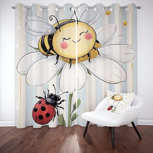 Slojtdd Karikatur Biene Vorhang mit ösen 137x117 thermovorhang, Gänseblümchen Floral Gardinen Wohnzimmer Blickdicht 2er Set, Nette Streifen Vorhange verdunkelung kälteschutz, für Schlafzimmer von Slojtdd