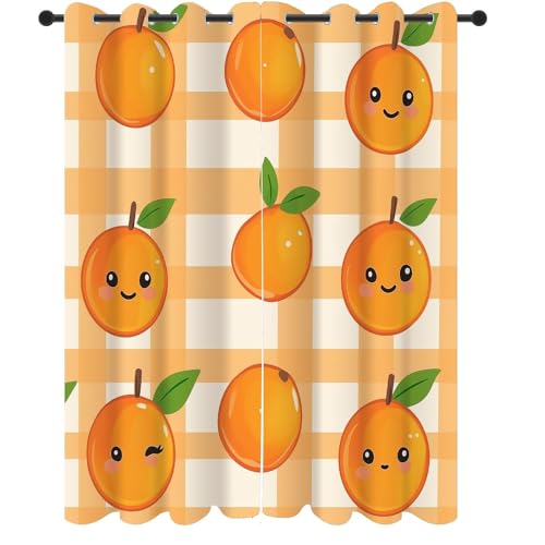 Slojtdd Karikatur Orange Verdunklungsvorhang ösen,Nette Sommer Früchte Gardinen Blickdicht 2er Set, Büffelkaro Schlafzimmer vorhange, kinderzimmer Wohnzimmer 2er Set,210x132 von Slojtdd