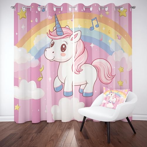 Slojtdd Karikatur Tiermotiv Verdunklungsvorhang ösen,Niedlich Einhorn Gardinen Blickdicht 2er Set, Regenbogen Stern Schlafzimmer vorhange, kinderzimmer Wohnzimmer 2er Set,210x132 von Slojtdd