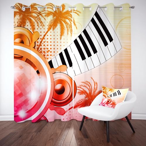 Slojtdd Klaviertasten Verdunklungsvorhang ösen,Tropisch Palmen Baum Gardinen Blickdicht 2er Set, Coole Musikalische Thema Schlafzimmer vorhange, kinderzimmer Wohnzimmer 2er Set,210x132 von Slojtdd