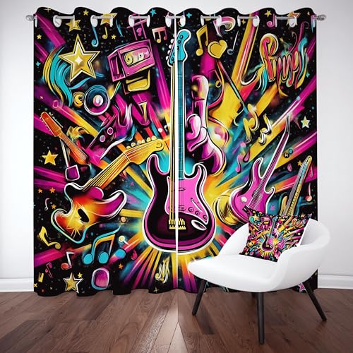 Slojtdd Musiknote Gitarre Verdunklungsvorhang ösen,Hip Hop Rockmusik Gardinen Blickdicht 2er Set, Graffiti Musikinstrument Schlafzimmer vorhange, kinderzimmer Wohnzimmer 2er Set,210x132 von Slojtdd