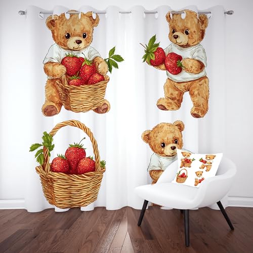 Slojtdd Niedlich Bär Verdunklungsvorhang ösen,Karikatur Tiermotiv Gardinen Blickdicht 2er Set, Erdbeere Obst Schlafzimmer vorhange, kinderzimmer Wohnzimmer 2er Set,210x132 von Slojtdd