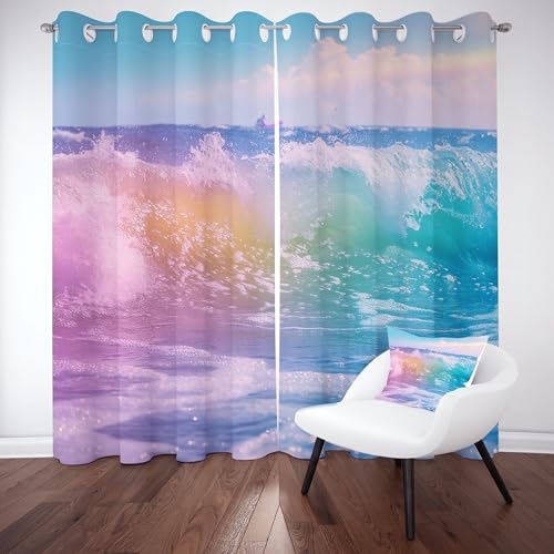 Slojtdd Regenbogen Ozean Wellen Verdunklungsvorhang ösen,Marine Himmel Gardinen Blickdicht 2er Set, Natur Landschaft Schlafzimmer vorhange, kinderzimmer Wohnzimmer 2er Set,210x132 von Slojtdd