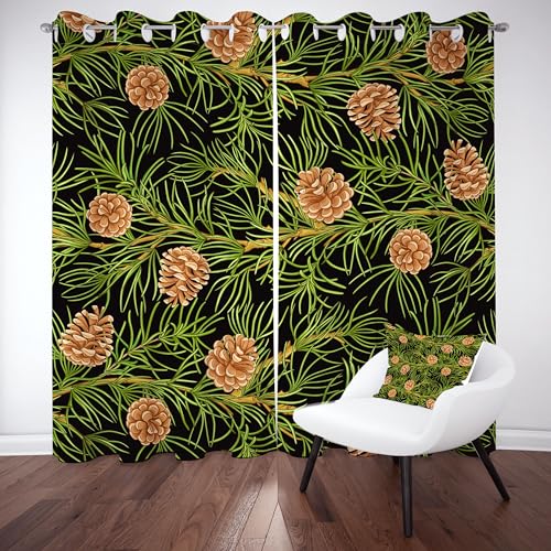 Slojtdd Tannenzapfen Vorhang mit ösen 260x140 thermovorhang, Kiefernnadeln Baum Gardinen Wohnzimmer Blickdicht 2er Set, Pflanzen Rustikal Vorhange verdunkelung kälteschutz, für Schlafzimmer von Slojtdd