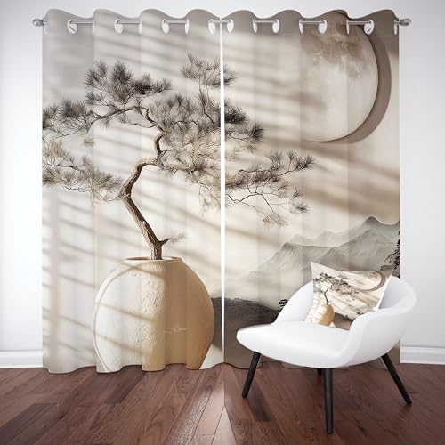 Slojtdd Vase Kiefer Thermovorhang kälteschutz mit ösen, Chinesische Zen Gardinen Schlafzimmer Blickdicht verdunklungsvorhang 2er Set, Tradition Tuschemalerei Vorhang 145x140, für Wohnzimmer von Slojtdd