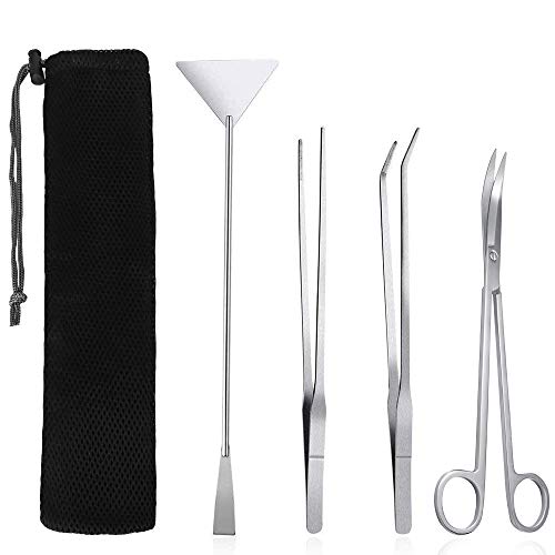 SlowTon Edelstahl Aquarium Werkzeug Set, 4 in 1 Aquascape Tool mit lang Pinzette Schere Spatel, multifunktionales Aquarium Besteck für Einsteiger Aquarienpflanzenkies Reinigen von SlowTon