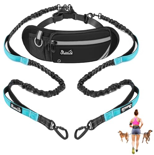 SlowTon Joggingleine Hunde mit Bauchgurt für 2 Hunde,Freihandleinen Jogging Hundeleine für große und mittelgroße, Elastische Reflektierende Laufleine 150-200cm für Laufen, Joggen von SlowTon