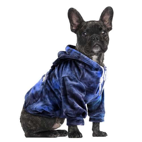 SlowTon Hunde Hoodie für Hunde, Warmer Flanell Hundepullover mit mit Leine Portal und Tasche, Kapuzenpulli Hund Overall für kleine mittlere Chihuahua Teddy, Blau-Grau Tie Dye von SlowTon
