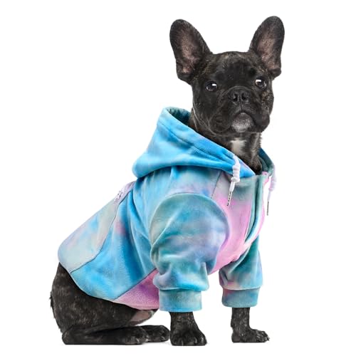SlowTon Hunde Hoodie für Hunde, Warmer Flanell Hundepullover mit mit Leine Portal und Tasche, Kapuzenpulli Hund Overall für kleine mittlere Chihuahua Teddy, Blau-Grau Tie Dye von SlowTon