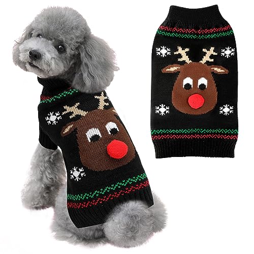 SlowTon Hundepullover Weihnachten, Warme Rollkragenpullover Strickpullover mit Rentier-Motiv, Hund Weihnachtspullover Hundepulli für Kleine Mittlere Hunde und Katzen Haustierpullover von SlowTon