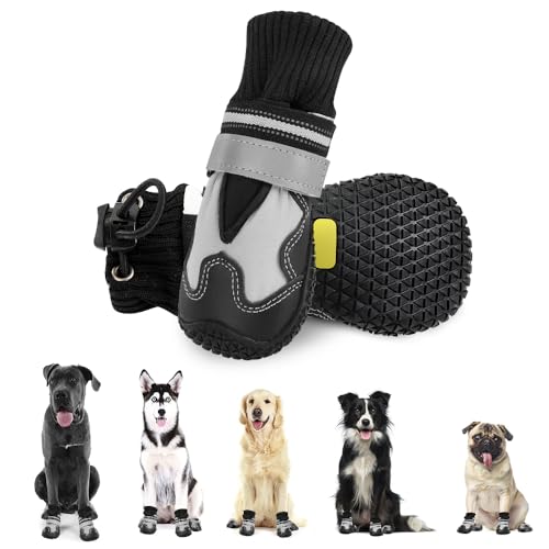 SlowTon Hundeschuhe Pfotenschutz, 2 Stück rutschfeste wasserdichte Hunde Schuhe mit reflektierendem Klettverschluss, Winter Schnee Hundestiefel für große mittlere kleine Hunde Sport im Freien, Size 3 von SlowTon