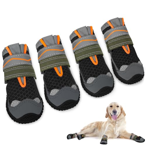 SlowTon Hundeschuhe Pfotenschutz, 4 Stück atmungsaktive Hunde Schuhe Outdoor mit Rutschfester Sohle, verstellbarem reflektierendem Klettverschluss Hundestiefel für kleine, mittlere und große Hunde von SlowTon