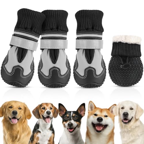 SlowTon Hundeschuhe Pfotenschutz, 4 Stück rutschfeste wasserdichte Hunde Schuhe mit reflektierendem Klettverschluss, Winter Schnee Hundestiefel für große mittlere kleine Hunde Sport im Freien, Size 5 von SlowTon