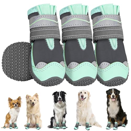 SlowTon Hundeschuhe Pfotenschutz, 4 Stück wasserdichte Hunde Schuhe Outdoor mit Rutschfester Sohle, reflektierendem Klettverschluss Hundestiefel für kleine mittlere große Hunde Winter(Grün, Size 6) von SlowTon