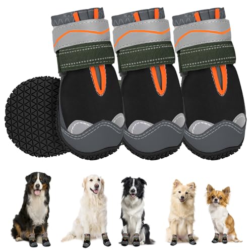 SlowTon Hundeschuhe Pfotenschutz, 4 Stück wasserdichte Hunde Schuhe Outdoor mit rutschfester Sohle, reflektierendem Klettverschluss Hundestiefel für kleine mittlere große Hunde Winter(Schwarz, Size 7) von SlowTon