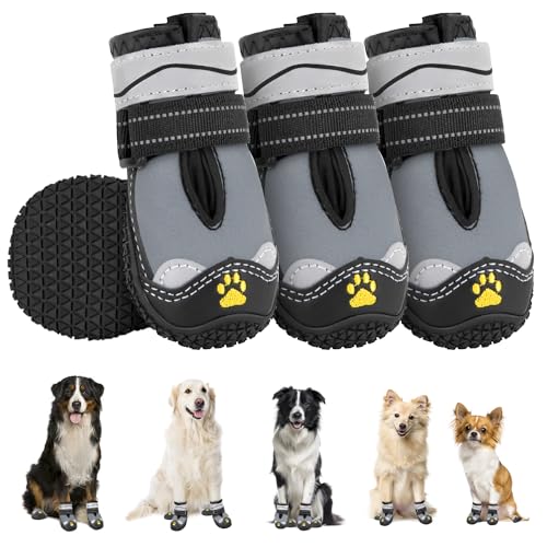 SlowTon Hundeschuhe Pfotenschutz, 4 Stück wasserdichte Hunde Schuhe Outdoor mit Rutschfester Sohle, reflektierendem Klettverschluss Hundestiefel für kleine mittlere große Hunde Winter(S-Grau, Size 6) von SlowTon